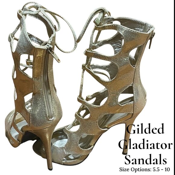 Gold Lace-Up Gladiator Stiletto Sandals – Metallic Cutout • Statement Heel - Picture 1 of 8